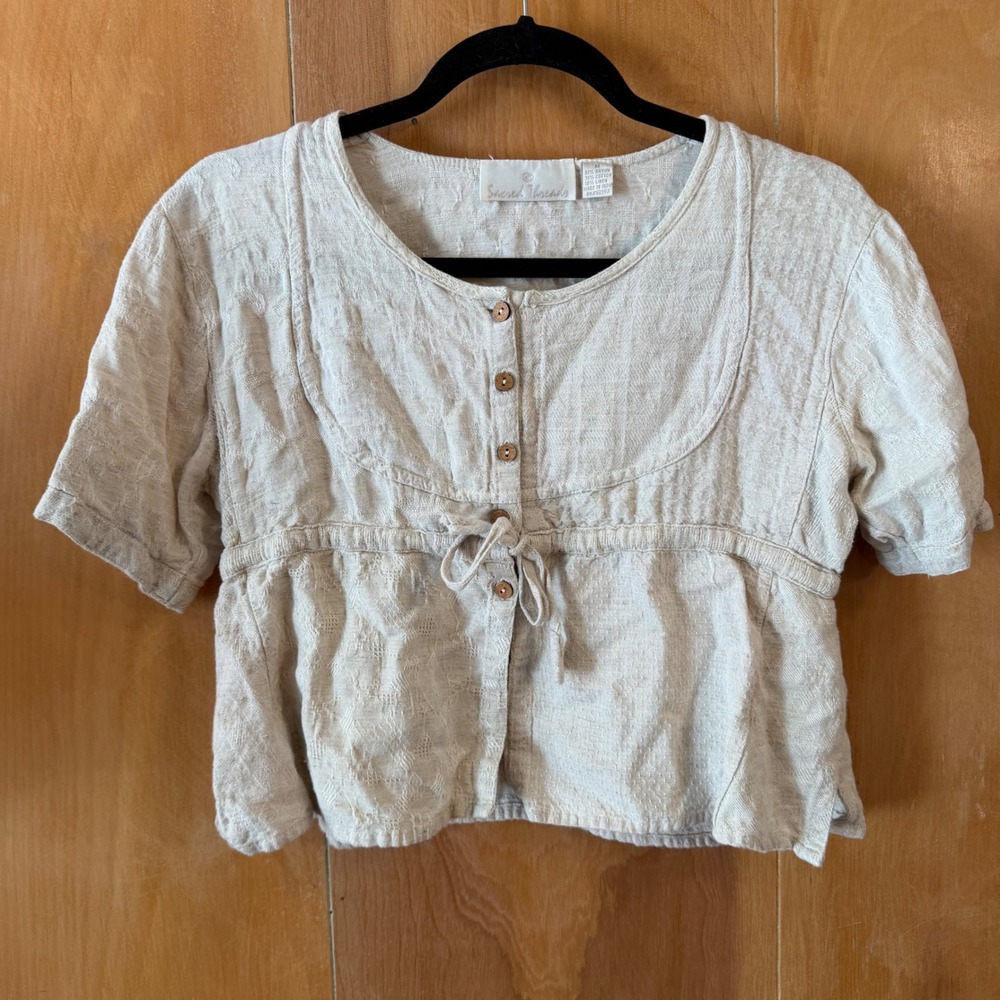 Sacred Threads Linen Blend Button Front Crop Top Beige Boho Peplum Blouse Medium